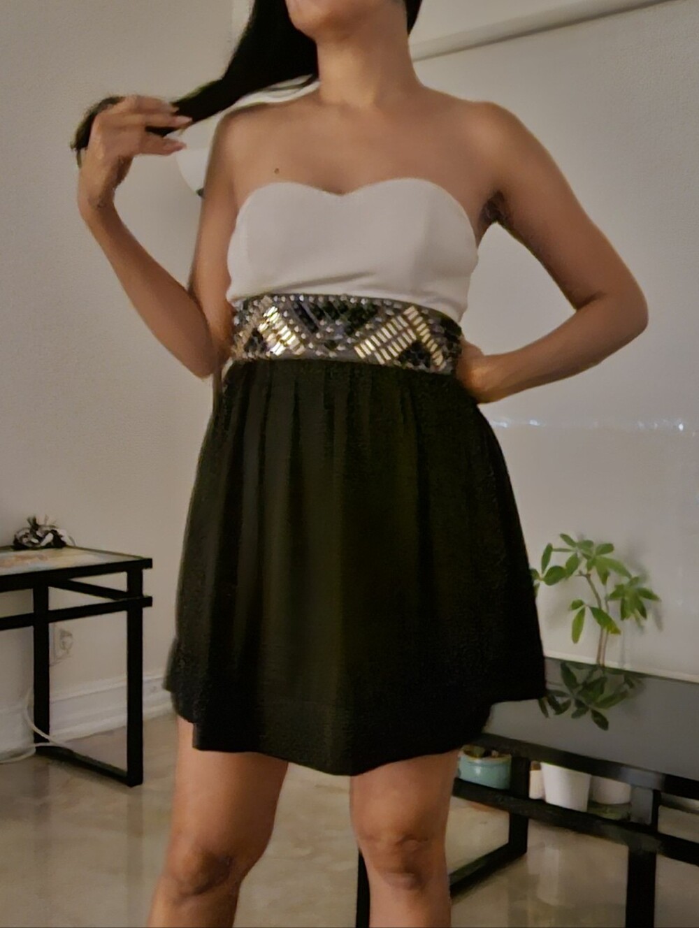 Strapless Off White and Black Sequin Waist Skirt